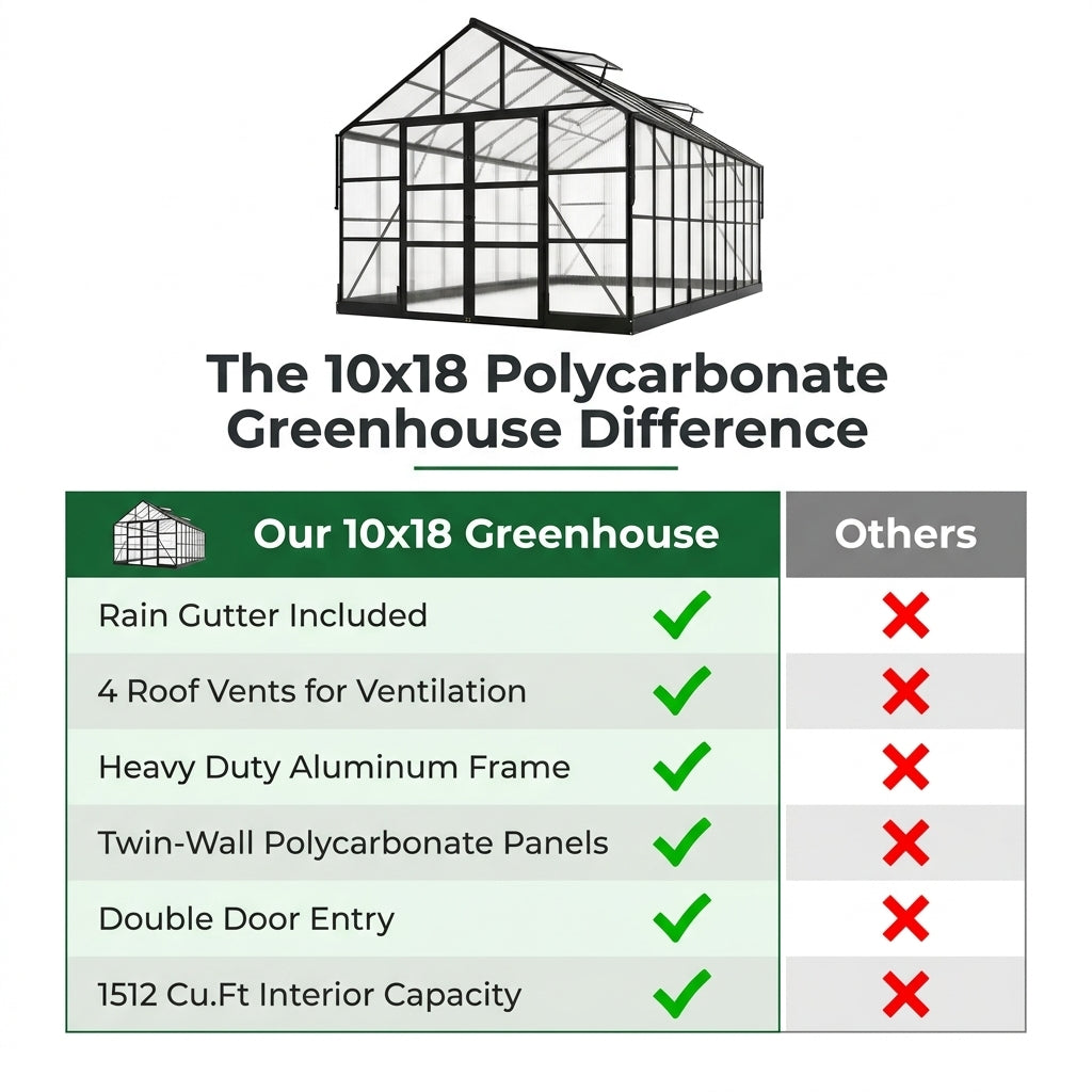 Polycarbonate Greenhouse Built for Year-Round Growing, 10X18 Aluminum Frame, 4 Roof Vents, Rain Gutter