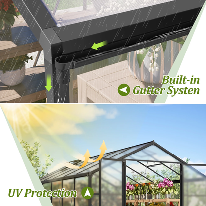 12'X8' Outdoor Greenhouse, Walk-In Polycarbonate Green House with Aluminum Frame for Backyard, Black