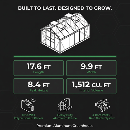 Polycarbonate Greenhouse Built for Year-Round Growing, 10X18 Aluminum Frame, 4 Roof Vents, Rain Gutter