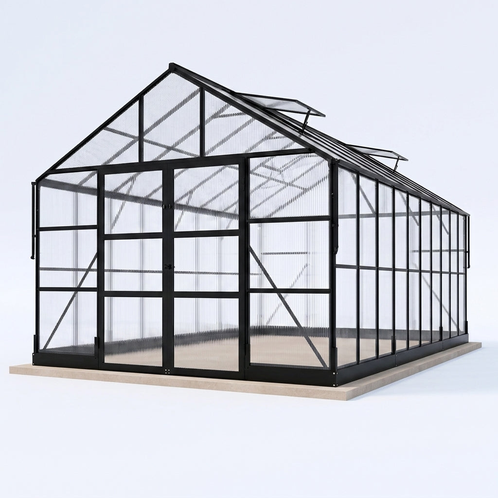 Polycarbonate Greenhouse Built for Year-Round Growing, 10X18 Aluminum Frame, 4 Roof Vents, Rain Gutter