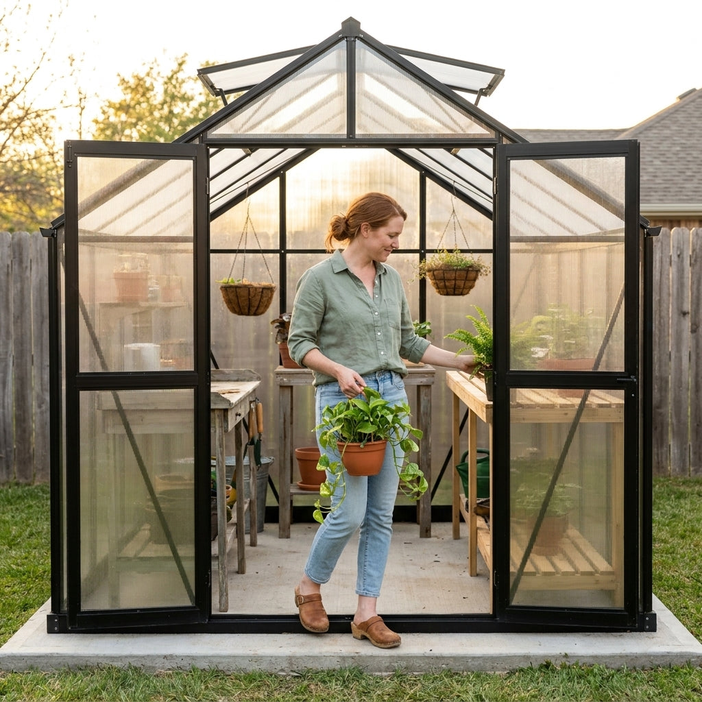 Polycarbonate Greenhouse Built for Year-Round Growing, 10X18 Aluminum Frame, 4 Roof Vents, Rain Gutter