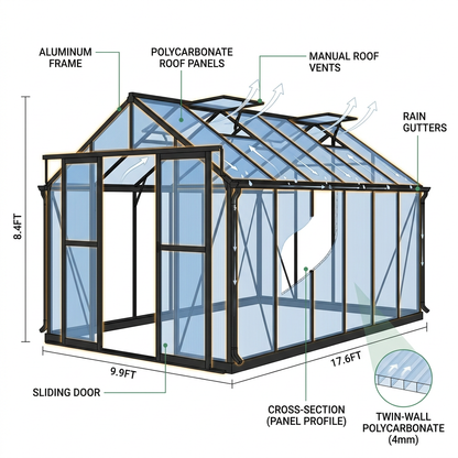 Polycarbonate Greenhouse Built for Year-Round Growing, 10X18 Aluminum Frame, 4 Roof Vents, Rain Gutter