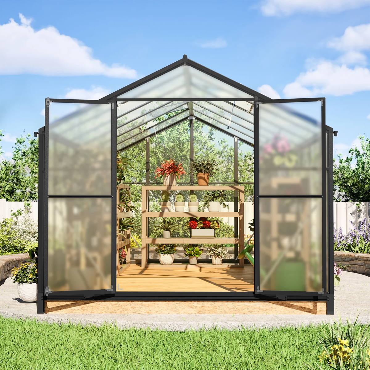 12'X8' Outdoor Greenhouse, Walk-In Polycarbonate Green House with Aluminum Frame for Backyard, Black