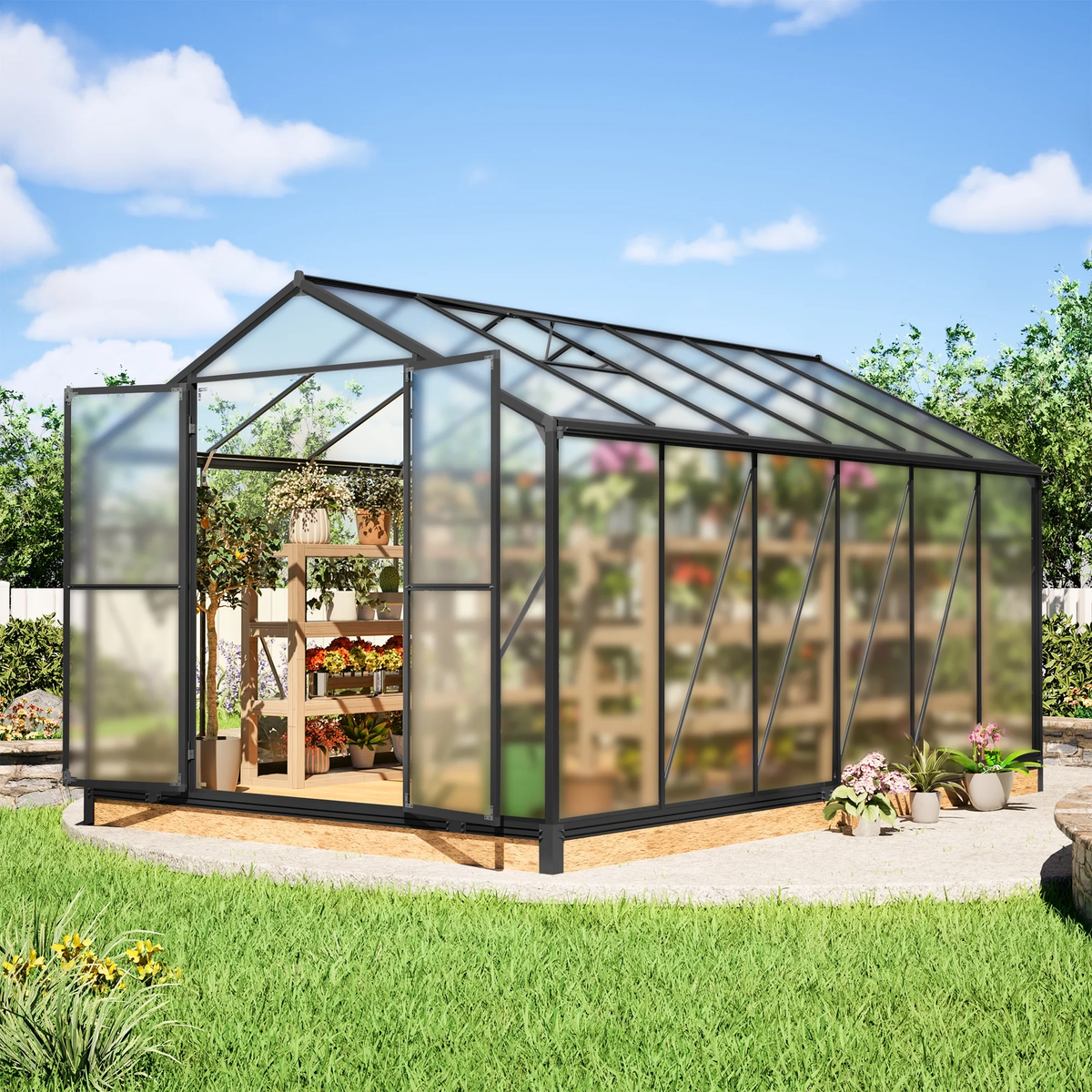 12'X8' Outdoor Greenhouse, Walk-In Polycarbonate Green House with Aluminum Frame for Backyard, Black