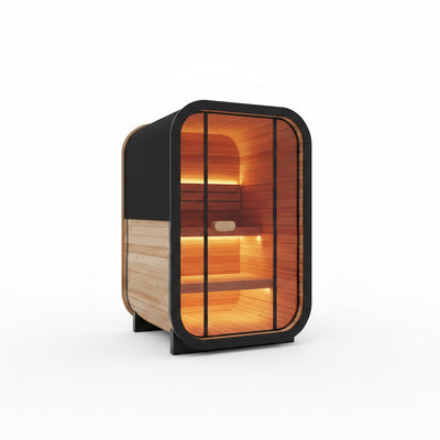 1-2 Person Outdoor Traditional Steam Sauna, Weatherproof Square Sauna Cabin with Black Trim, Natural Spruce Wood Sauna Room, LED Strip & Panoramic Glass Door, for Backyard Garden Home Spa, Relaxation