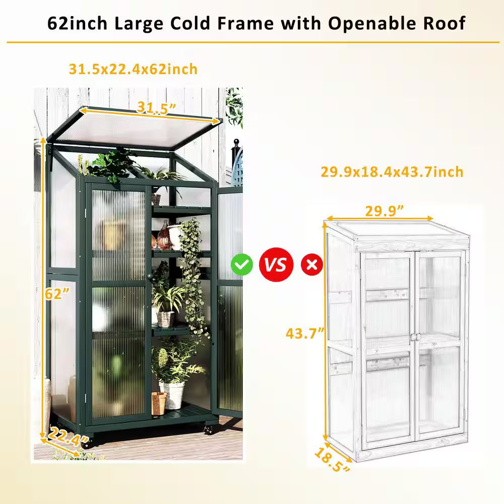 62 In. Portable Greenhouse with Wheels and Adjustable Shelves for Indoor Outdoor Patio Balcony Garden, Green