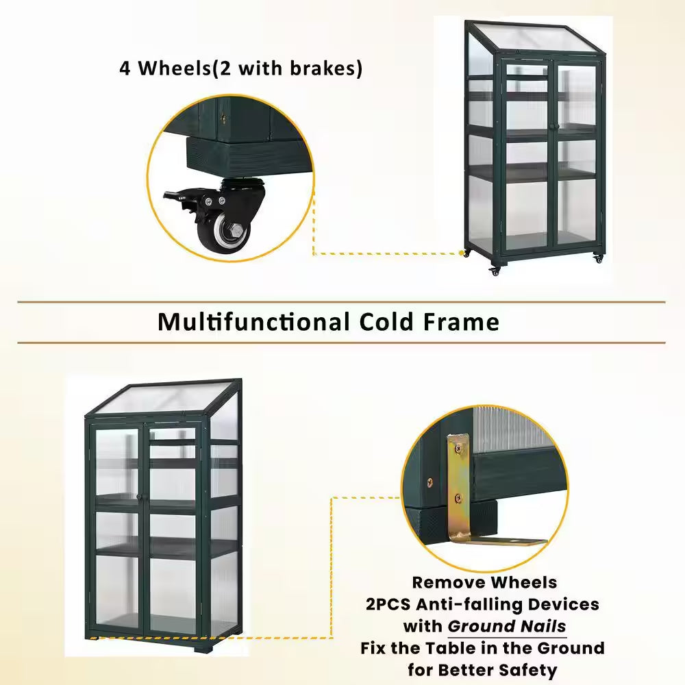 62 In. Portable Greenhouse with Wheels and Adjustable Shelves for Indoor Outdoor Patio Balcony Garden, Green