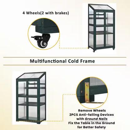 62 In. Portable Greenhouse with Wheels and Adjustable Shelves for Indoor Outdoor Patio Balcony Garden, Green