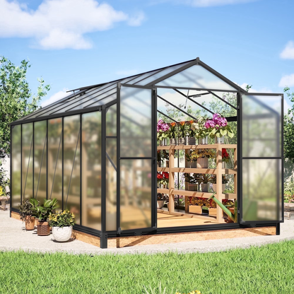 12'X8' Outdoor Greenhouse, Walk-In Polycarbonate Green House with Aluminum Frame for Backyard, Black