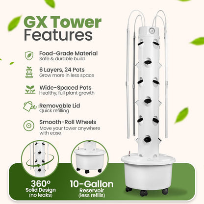 GX Hydroponic Tower | Vertical Planter Tower | Hydroponics Growing System Kit | Food Grade with 24 Net Pots (With LED Grow Lights)
