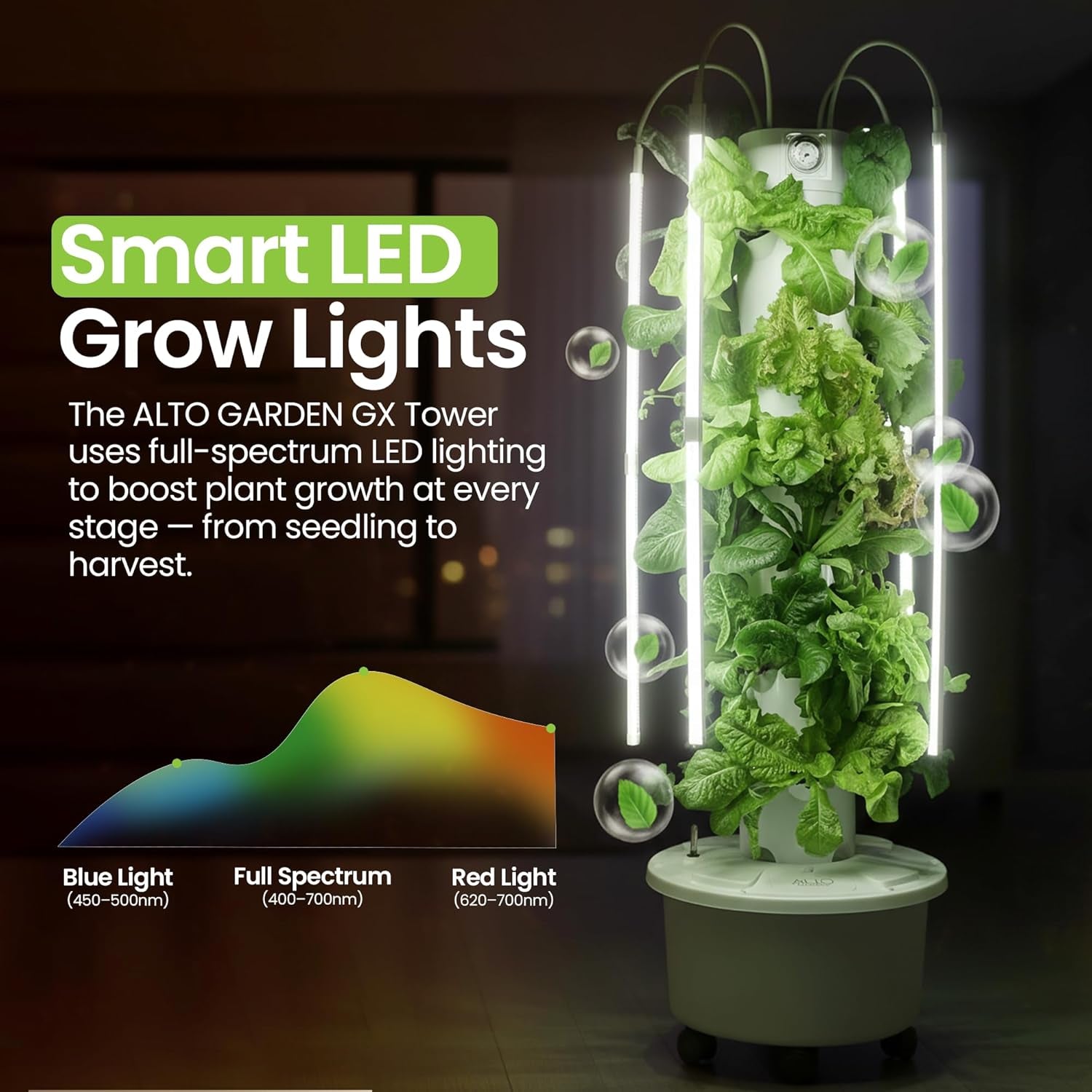 GX Hydroponic Tower | Vertical Planter Tower | Hydroponics Growing System Kit | Food Grade with 24 Net Pots (With LED Grow Lights)