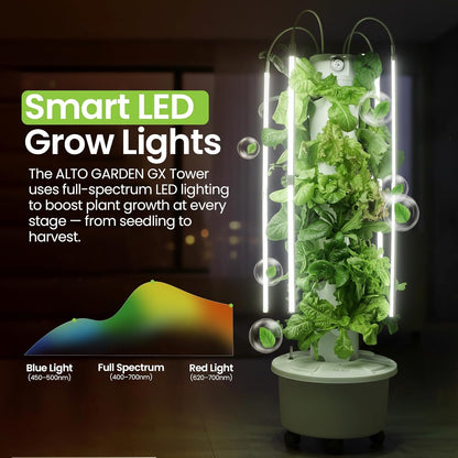 GX Hydroponic Tower | Vertical Planter Tower | Hydroponics Growing System Kit | Food Grade with 24 Net Pots (With LED Grow Lights)