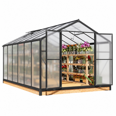 12'X8' Outdoor Greenhouse, Walk-In Polycarbonate Green House with Aluminum Frame for Backyard, Black