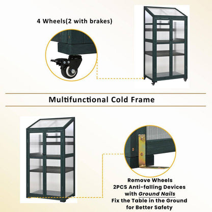 62 In. Portable Greenhouse with Wheels and Adjustable Shelves for Indoor Outdoor Patio Balcony Garden, Green