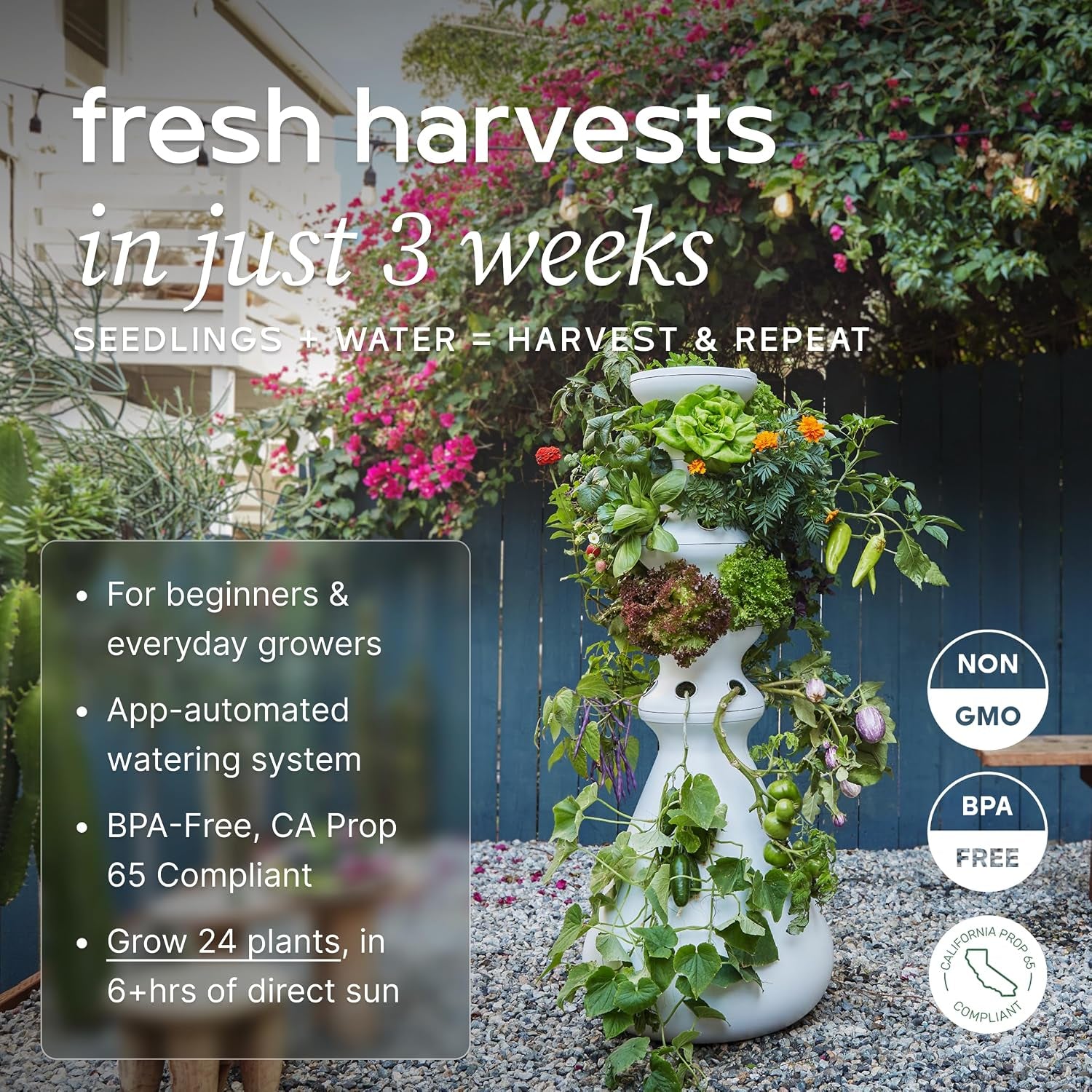 Farmstand Starter Kit + 24 Seedling Credit | Medium Hydroponic Growing System Kit | Self-Watering Outdoor Vertical Garden Planter Tower | 4Ft 10In | Made in USA