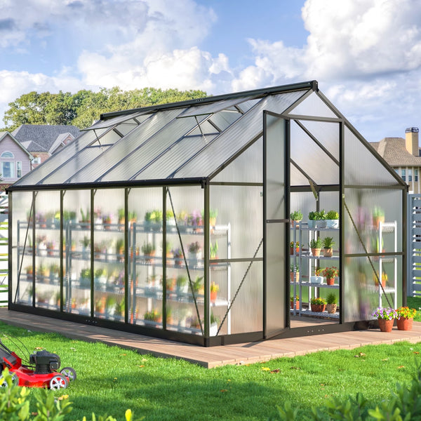 12'X8' Outdoor Greenhouse, Walk-In Polycarbonate Green House with Aluminum Frame for Backyard, Black
