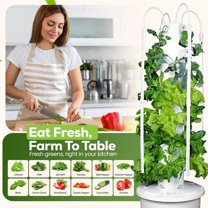 GX Hydroponic Tower | Vertical Planter Tower | Hydroponics Growing System Kit | Food Grade with 24 Net Pots (With LED Grow Lights)