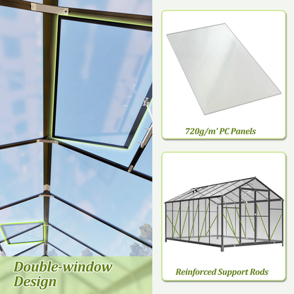 12'X8' Outdoor Greenhouse, Walk-In Polycarbonate Green House with Aluminum Frame for Backyard, Black