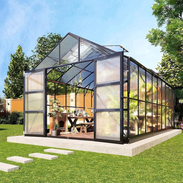 Polycarbonate Greenhouse Built for Year-Round Growing, 10X18 Aluminum Frame, 4 Roof Vents, Rain Gutter