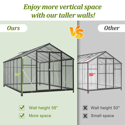 12'X8' Outdoor Greenhouse, Walk-In Polycarbonate Green House with Aluminum Frame for Backyard, Black